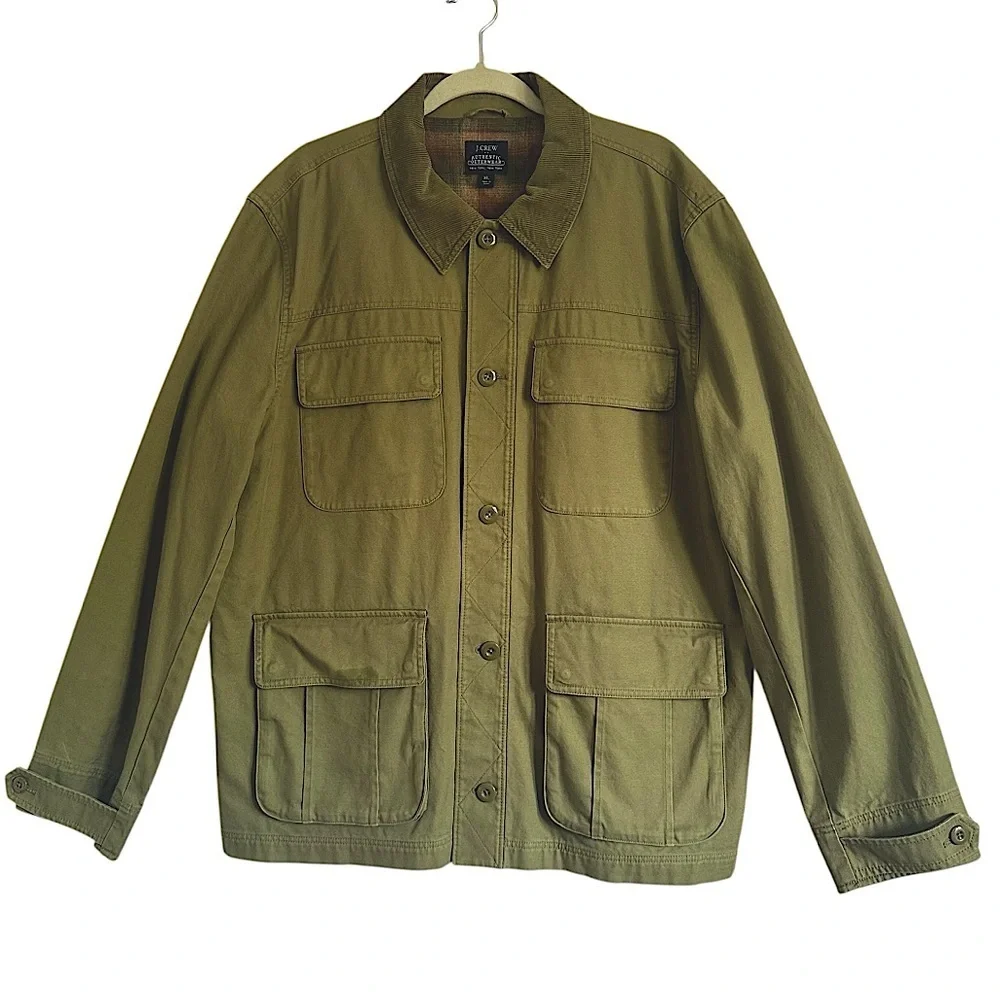 J. CREW CHORE COAT FLANNEL LINED OLIVE GREEN SIZE XL